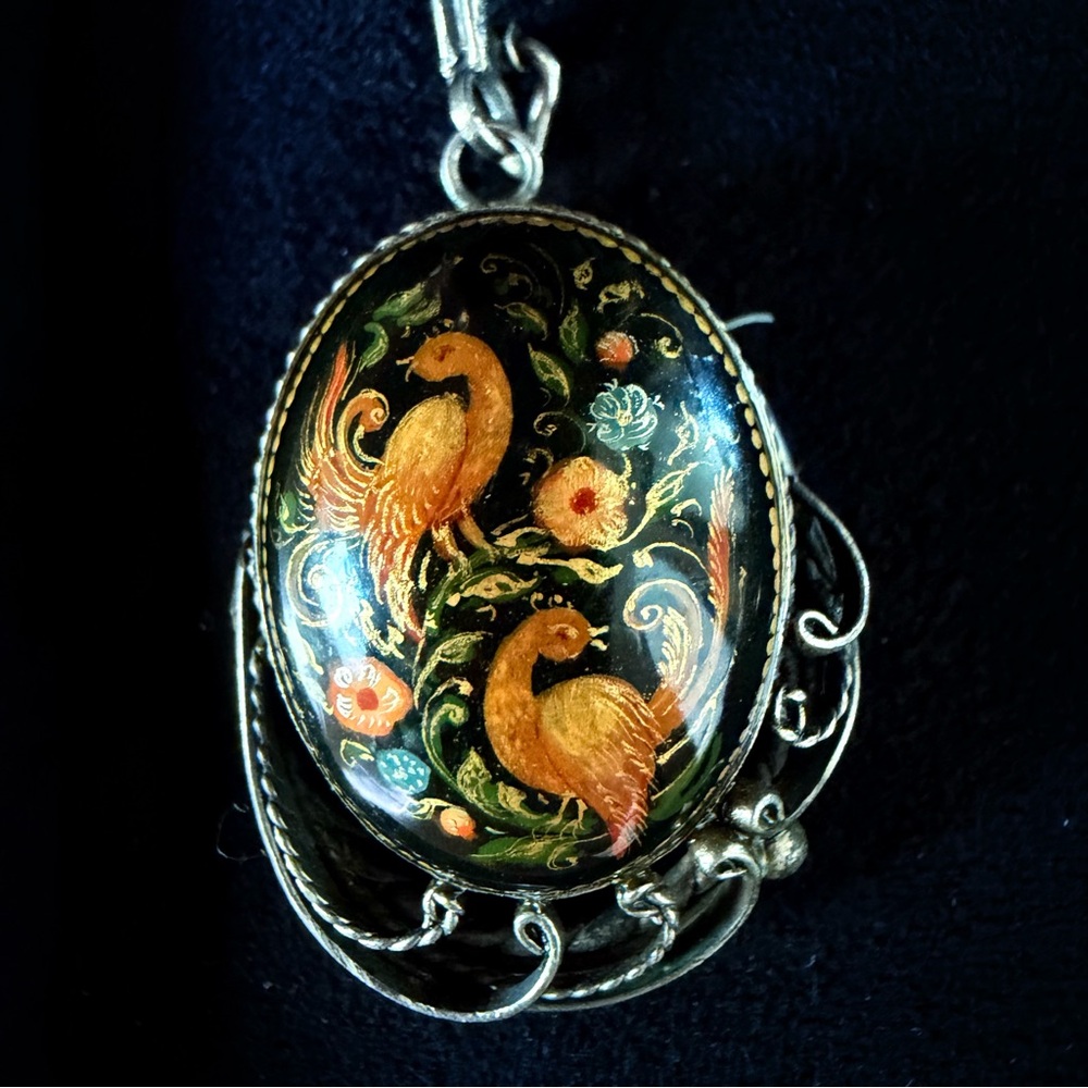 Vintage Russian Palekh Bird & Floral Earrings Hand Painted Folk Art USSR - Picture 3 of 6